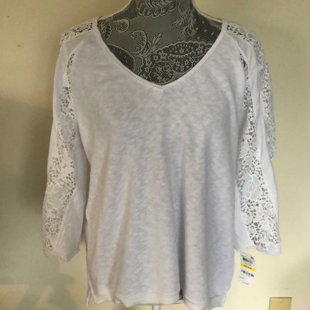 INC Bright White Cotton V Neck Three Qtr Sleeve